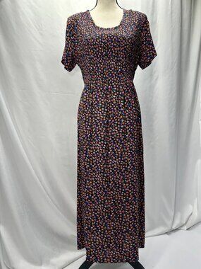 Vintage Erika Prairie Maxi Dress M Black Multi-Colored Ditsy Floral Smocked